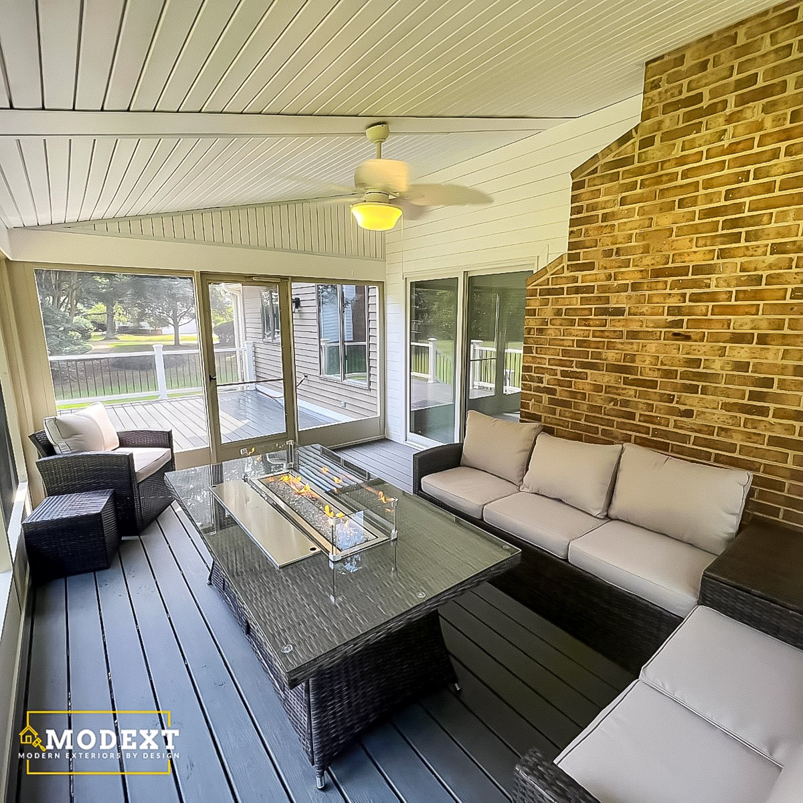 Completed composite deck with railings by an Outdoor Living Contractor in Newport News