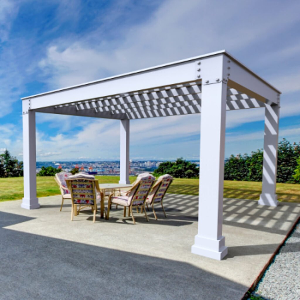 Louvered Roof System Contractor project featuring a pergola-style shade structure over an outdoor living area